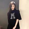 Large size pure cotton American front shoulder short-sleeved t-shirt women's summer niche design sense high street loose top and clothing ins trendy
