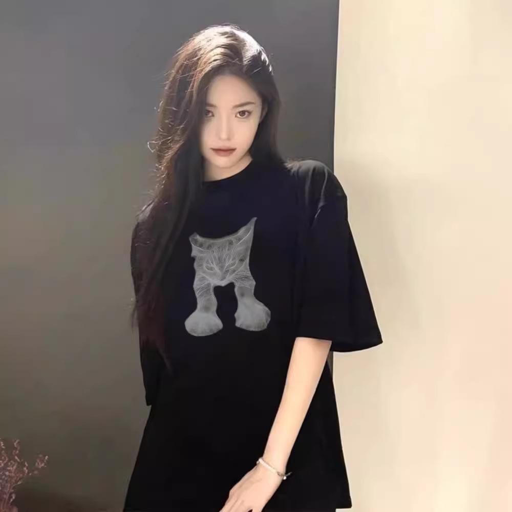 Large size pure cotton American front shoulder short-sleeved t-shirt women's summer niche design sense high street loose top and clothing ins trendy