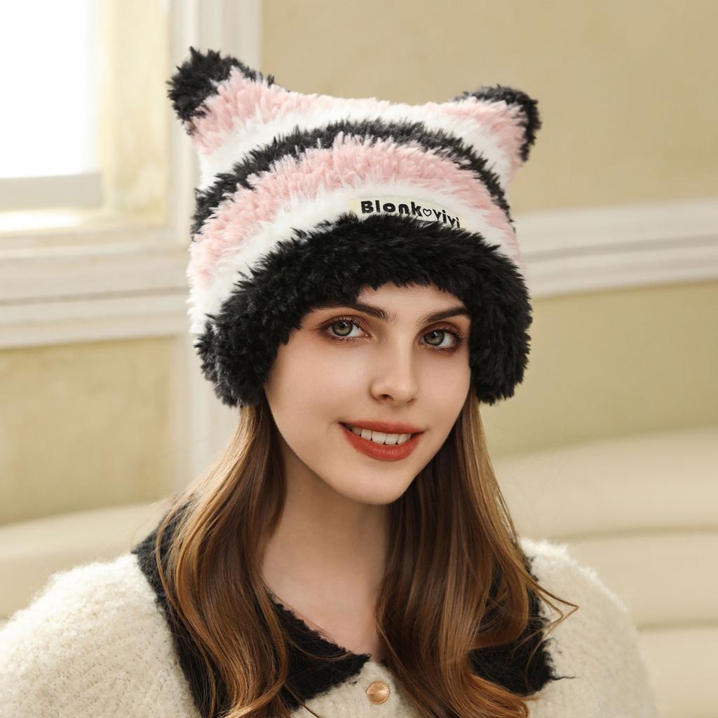 Cute cat ears striped thermal hat autumn and winter new plush versatile wool ear protection hat thickened to show the face small cold hat
