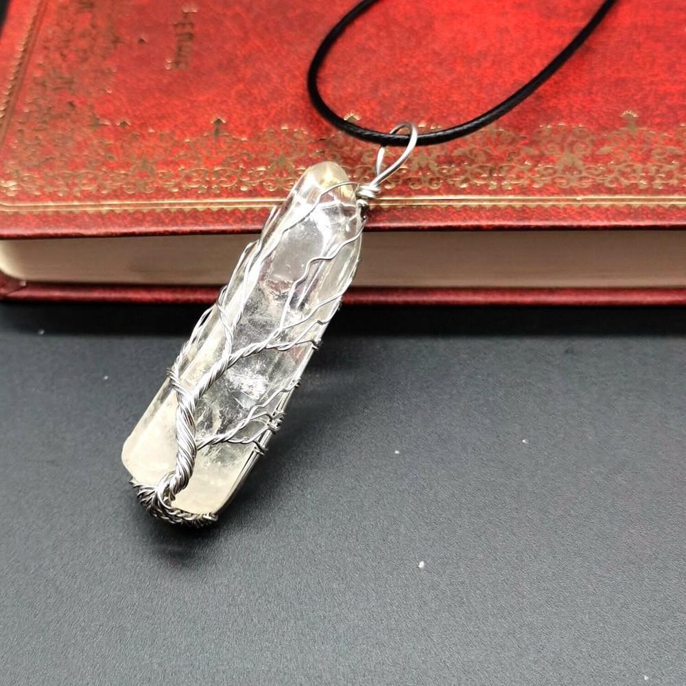 Hand-Wound Natural White Crystal Translucent Crystal Column Tree Of Life Necklace Pendant N805