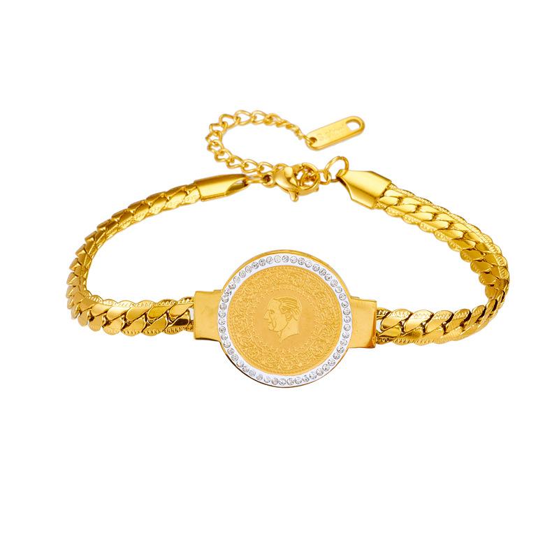 Gold Cuban Link Portrait Coin Crystal Bracelet – Luxury Heritage Jewelry, Timeless Elegance Gift for Men & Women