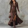 Women's Long Sleeve Button Front Maxi Dress Slim Fit Ruched Waist Asymmetrical High Low Ruffle Hem Elegant Long Dress