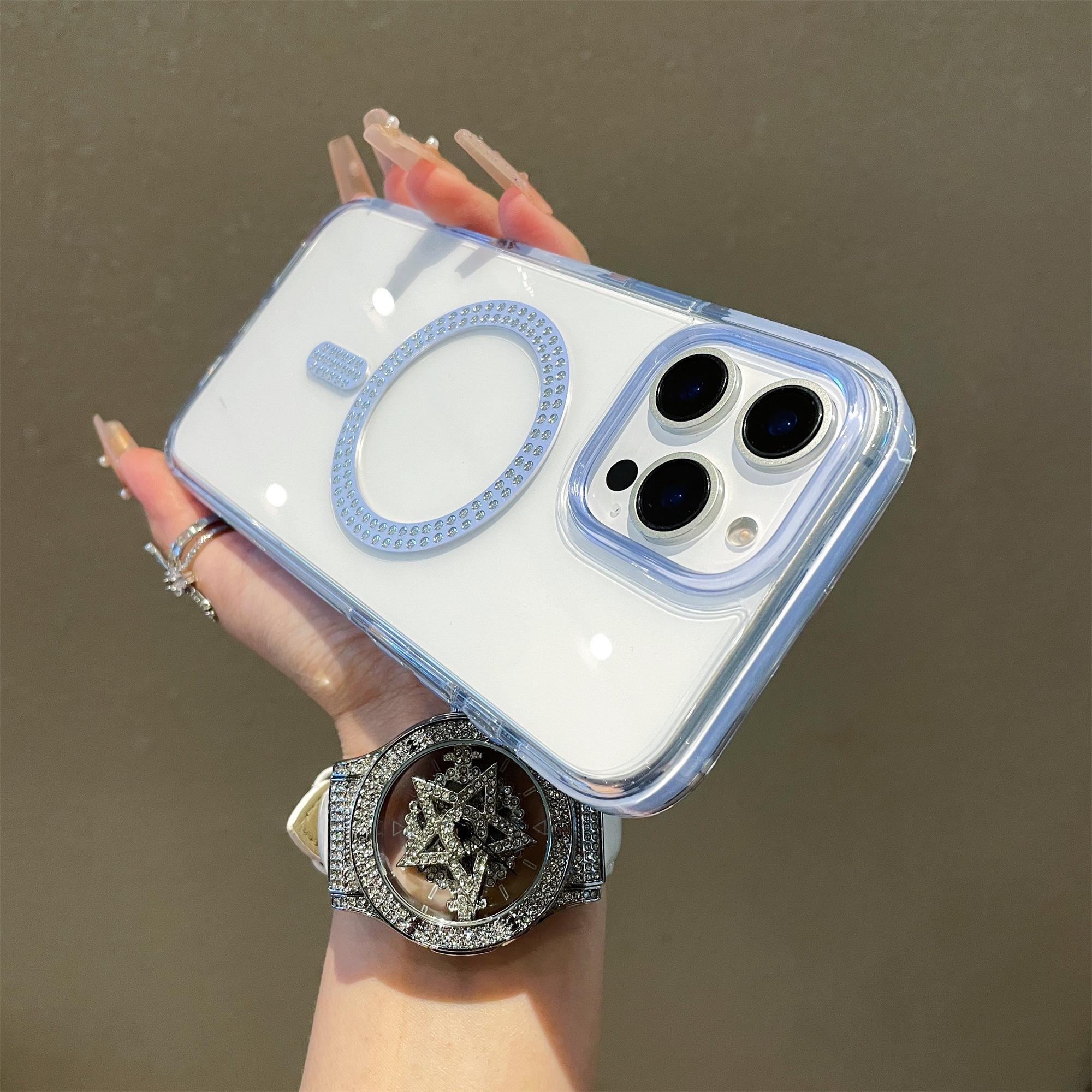 

For iPhone 16 Pro Case Compatible with MagSafe Rhinestone Decor TPU+PC Phone Cover Blue