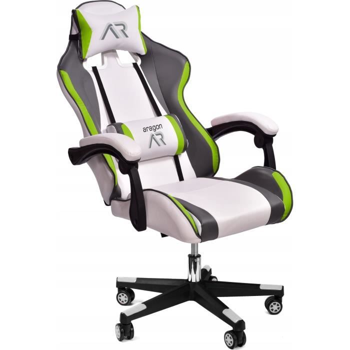 Chaise de jeu chaise de bureau ergonomique en cuir écologique blanc-gris-lime
