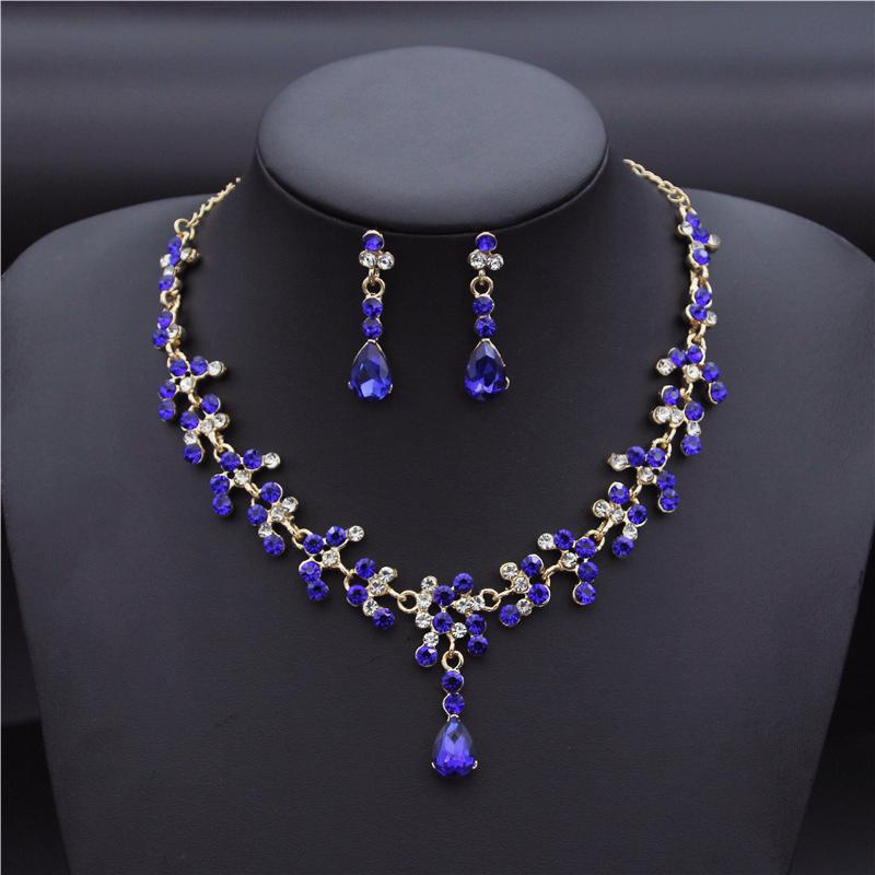 Crystal Bridal Wedding Jewelry Sets Women Gold Color Rhinestone Necklace Long Earrings Set Dress Accessories Bridesmaid