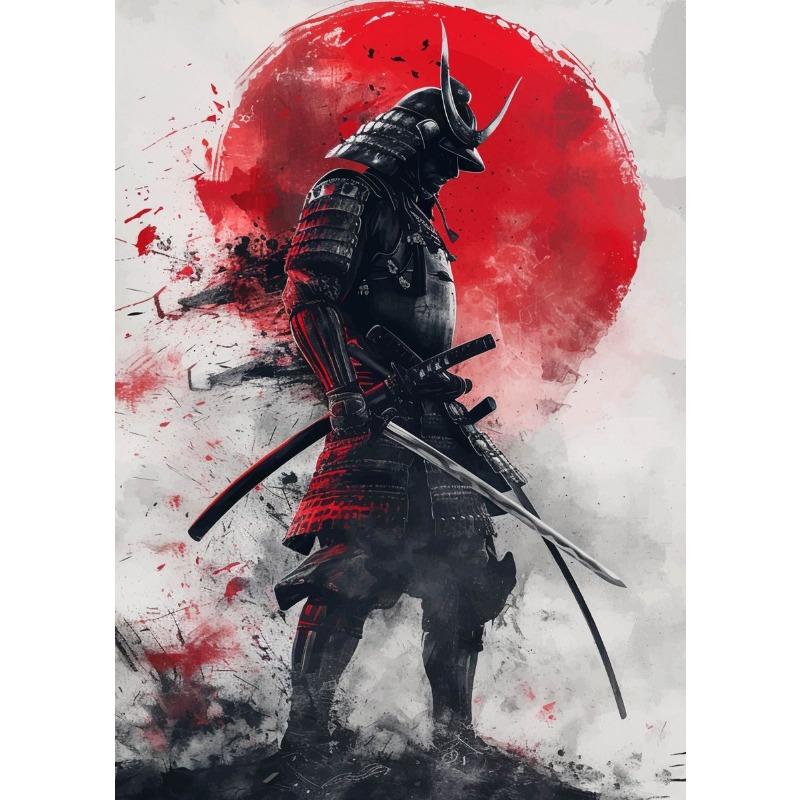 Poster Samurai Japonia Estetic Colorat Anime Dragon Soare Roșu cu Samurai Negru Pictură pe Pânză Artă de Perete Cameră Copii Decor Acasă