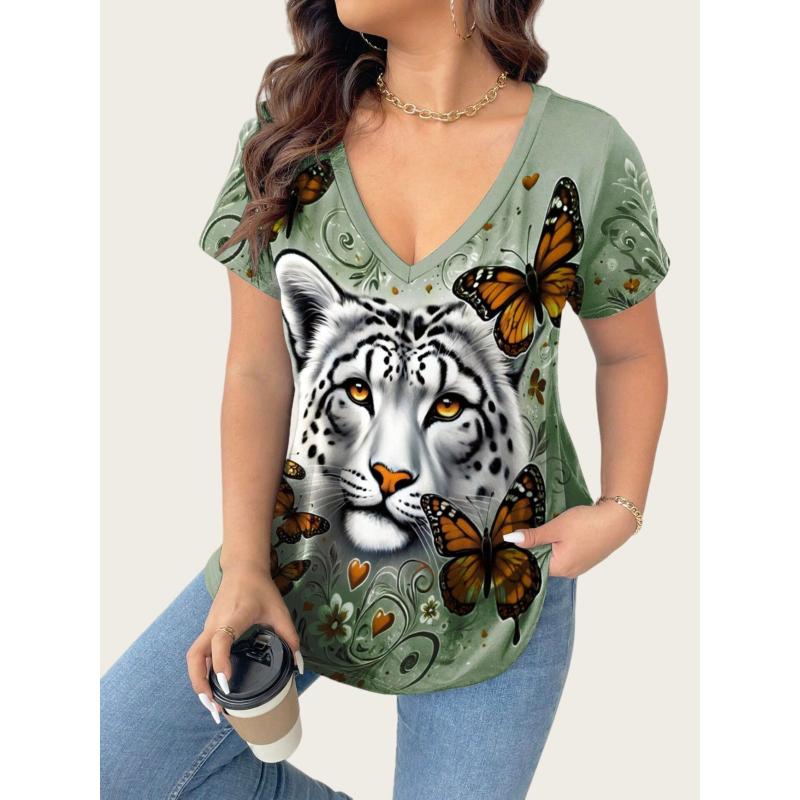 Women's Summer Short Sleeve T-Shirts V-Neck Tiger Printed Shirts Loose Plus Size Pullover Tops