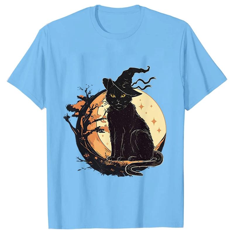 Unisexs Spooky Cat Print Tee Shirts Casual Female Halloween Black Cat T Shirt New Fashion Design Streetwear Unisex Tshirt Top