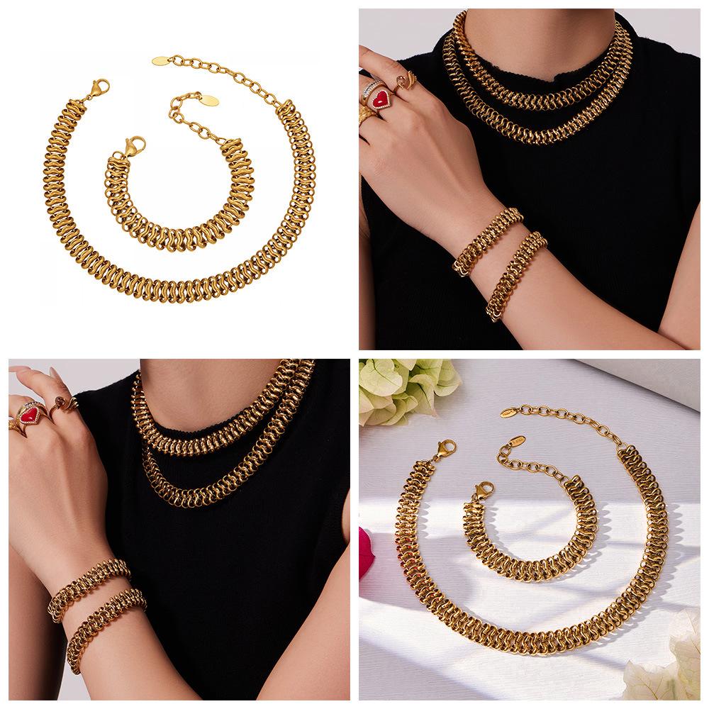 Handmade Stainless Steel 18K Gold Cuban Necklace & Bracelet Set - Trendy Street Dance Hip Hop Style
