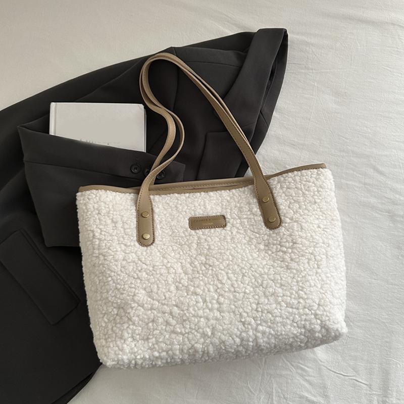 Bolsa de mão macia grande capacidade outono inverno bolsa de ombro feminina lã de cordeiro bolsa tote com zíper casual compras viagem tote