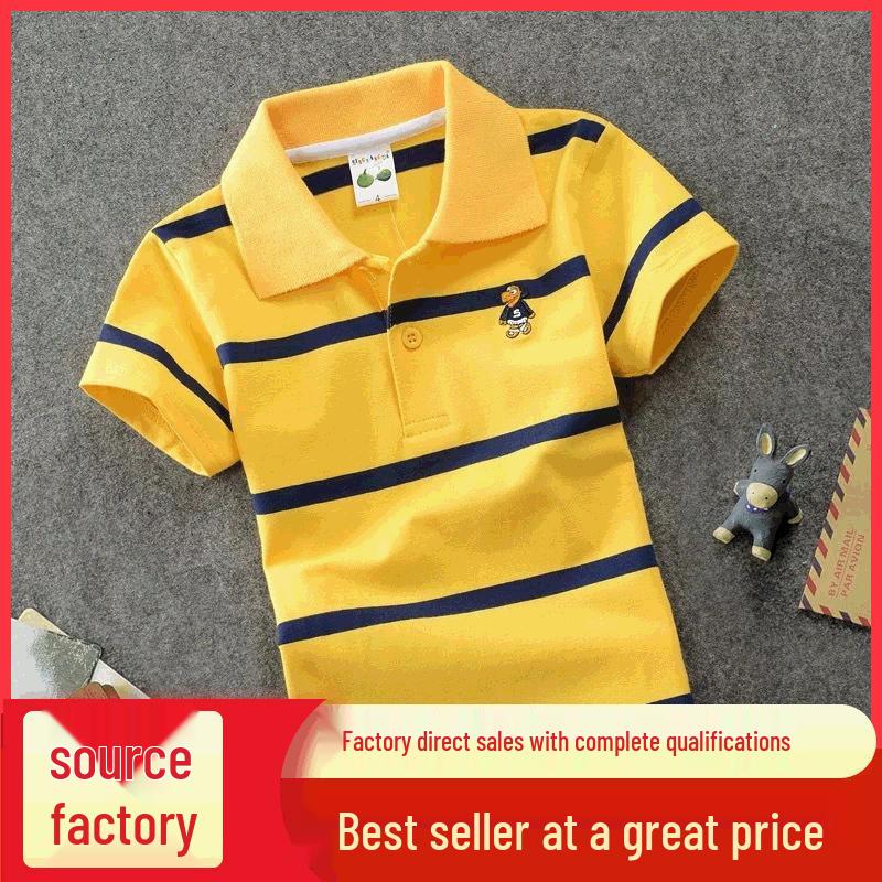 Kids' Korean-Style Striped Cotton Polo T-Shirt, Short-Sleeved for Ages 0-15
