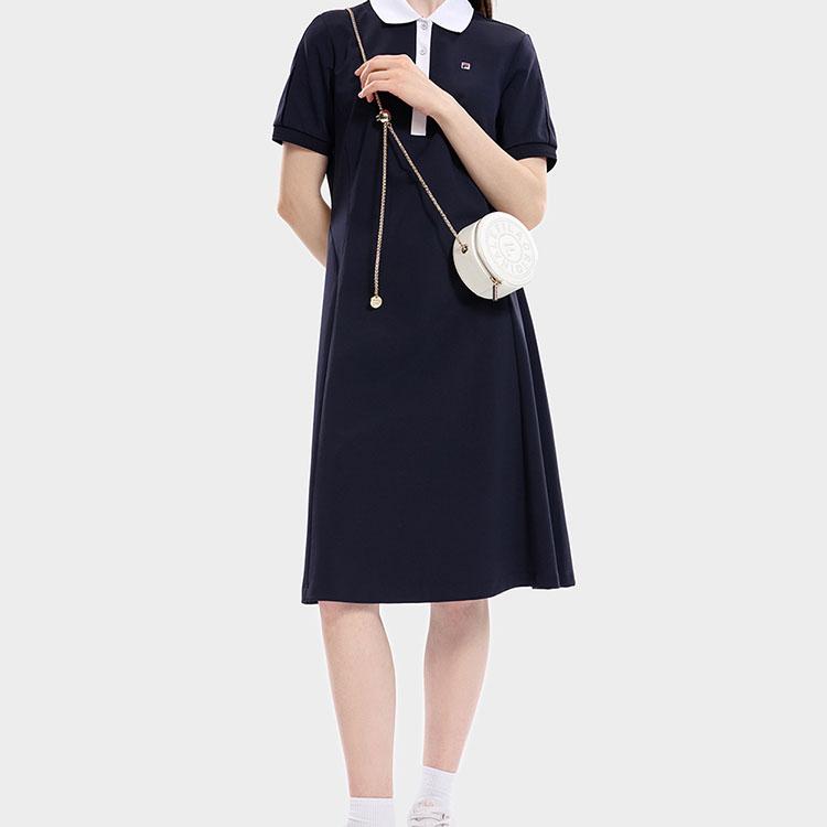 Fila Logo Casual Commuter Long Knit Polo Short Sleeve Dress Women Dresses Legendary-Blue F11W331310F-NV