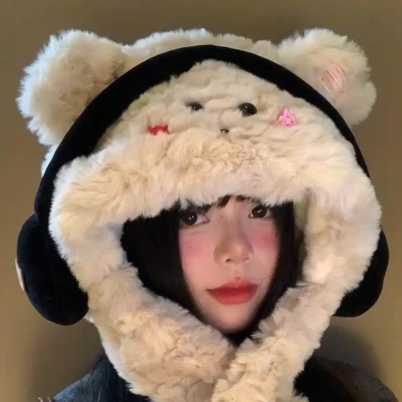 New Style Earphones Puppy Hat  Scarf  One Piece Cold Proof and Warm Hooded Neck Scarf  Thickened Ear Protection  Lei Feng Hat Trendy
