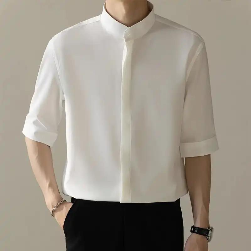 Pánská bílá košile s mandarínským límcem, krátký rukáv, ležérní, volný střih, pracovní top