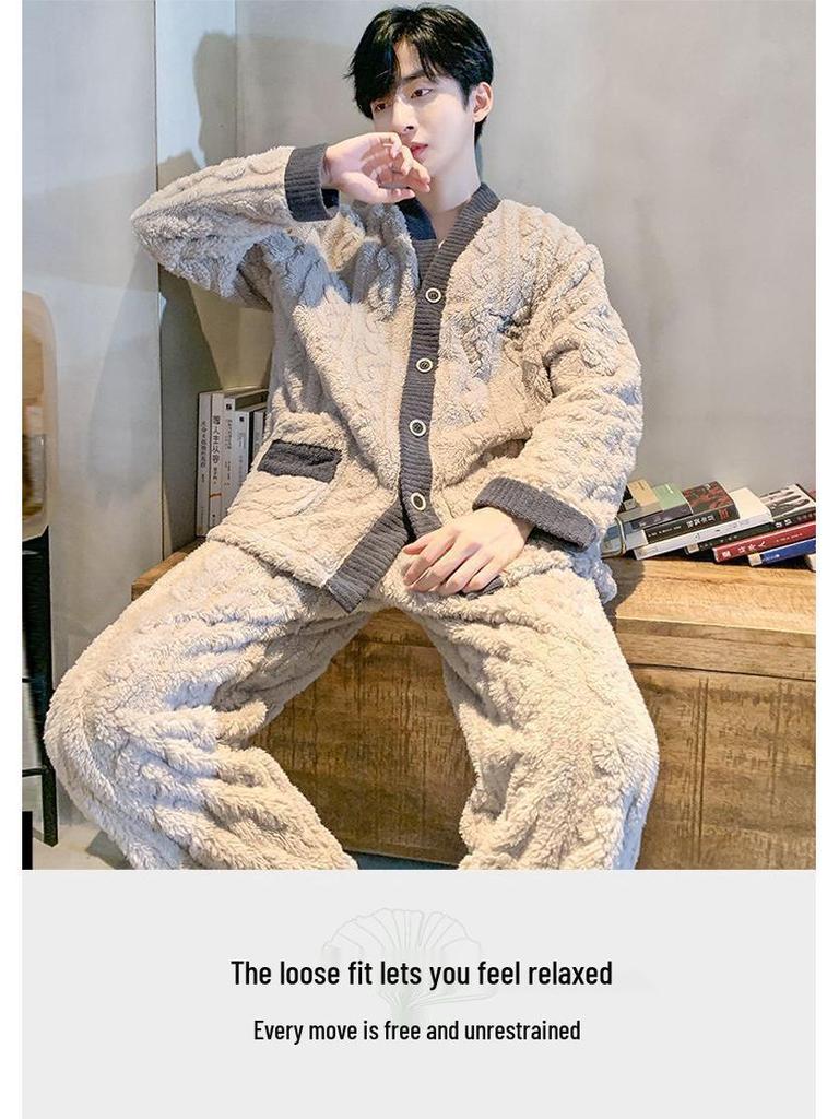 Men's Plus Size Flannel Fleece Home Wear Set - Thickened for Autumn and Winter