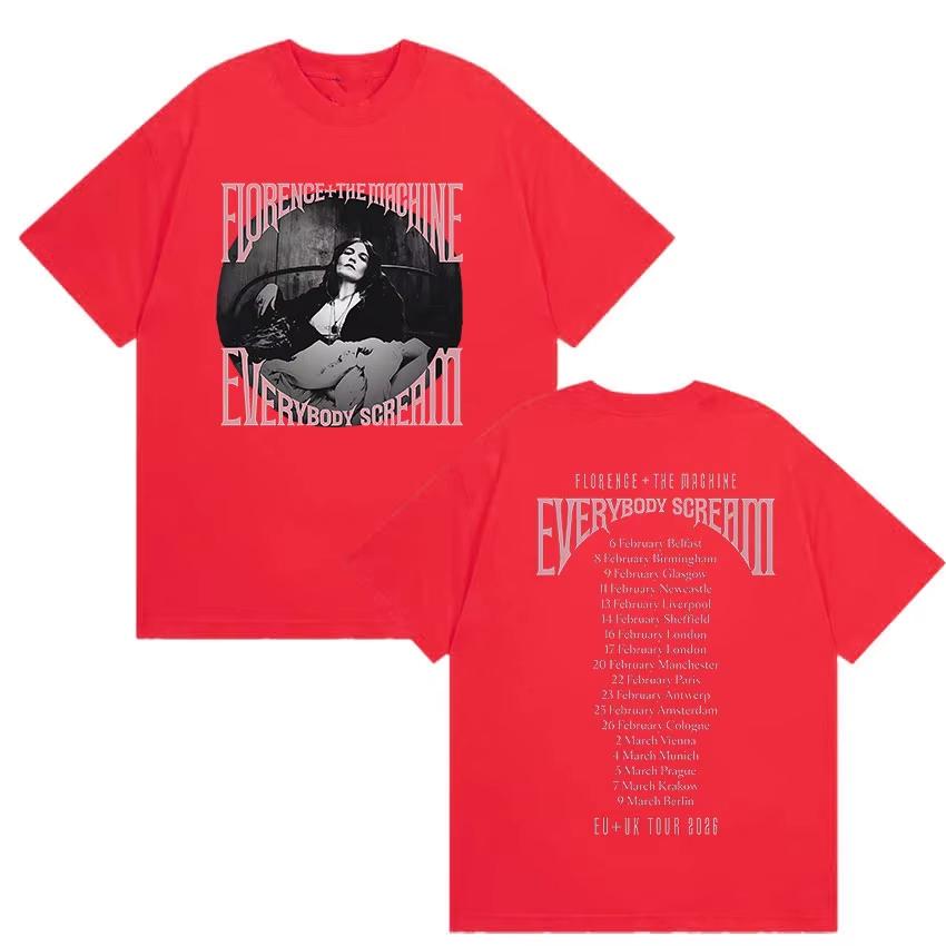 Rock Florence The Machine Everybody Scream Tour 2026 Graphic T Shirt Unisex Women Vintage Pure Cotton Short Sleeve Top Streetwear