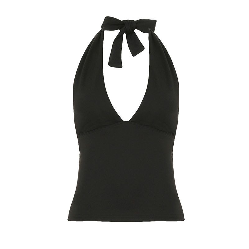 2025 European and American Cross-Border Spring and Summer New Style Halter Neck Tie Sexy Low-Cut Backless Slim Fit Sleeveless Tank Top Black L
