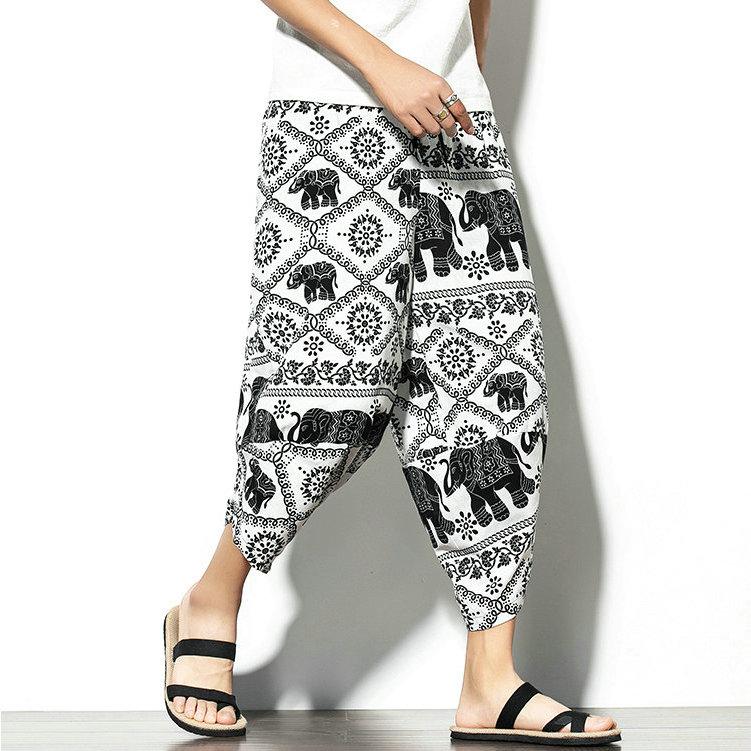 Harajuku Lässige Haremshosen mit weitem Bein für Männer 2024 Sommer Baumwolle Strand Baggy Pants Chinesischer Stil Prinitng Wadenlange Hose