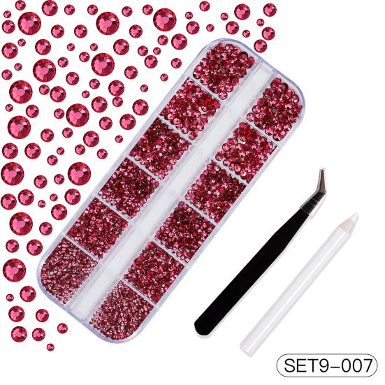 1 Set 12 Grids Nail Art Rhinestone Kit with Storage Box Drill Pen Tweezers Glass Flatback Rhinestone DIY Nail Design Crafting Decoration Fake Gems