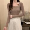 "2023 Autumn/Winter Korean Slim Square Neck Long-Sleeve Knitted Sweater for Women"