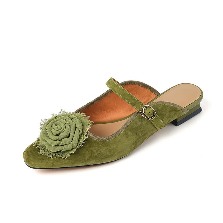 Fashion NEW Summer Women Mules Sheep Suede Leather Shoes for Women Square Toe Low Heel Slippers Cover Toe Slingback Flower Green Sandals