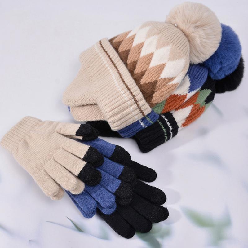 Children Winter Hat Gloves Set Faux Fur Ball Kids Beanie with Earflaps Thicken Warm Children Knitted Cap Suit 4-10Y