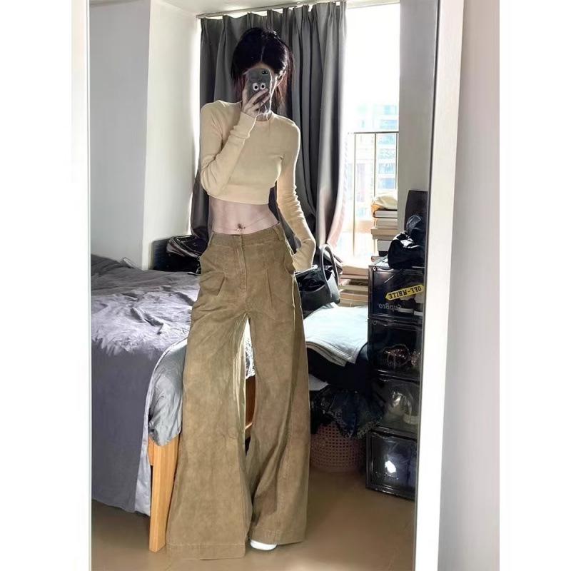Women s Autumn Retro Distressed Yellow Wide-Leg Jeans Small