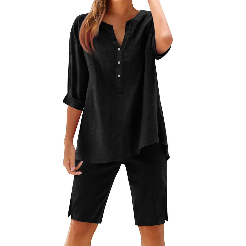 Dámský volný módní jednobarevný bavlněno-lněný top s dlouhým rukávem na knoflíky a šortky
