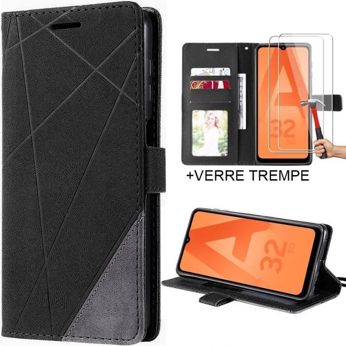 Pack 2 Verres Trempés + Coque pour Samsung A32 5G Noir Souple Anti-Choc Anti-Rayures