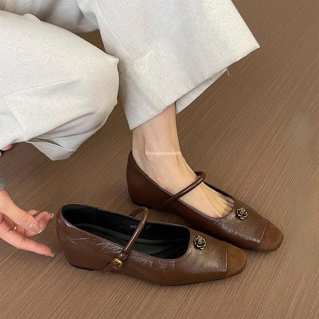 Sheepskin Version~ Leather Inner Height Increase Black Mary Jane Shoes Women's 2025 New Shallow Mouth One-word Strap with Skirt Single Shoes