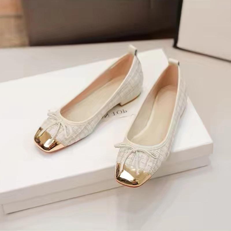 Ballet shoes new metal single shoes women's soft-soled shallow mouth 2025 spring and summer bow small fragrant square head flats
