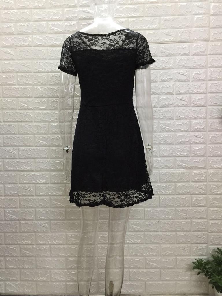Hot-selling New European And American Elegant And Fashionable Round Neck Short-sleeved Blue Lace Dress