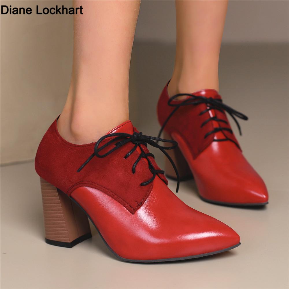 Fashion Women's Pump Shallow Brogue Shoes Vintage Chunky Heel Oxford Lace-Up Fashion Elegant Ladies High Heels White Black Brown Red