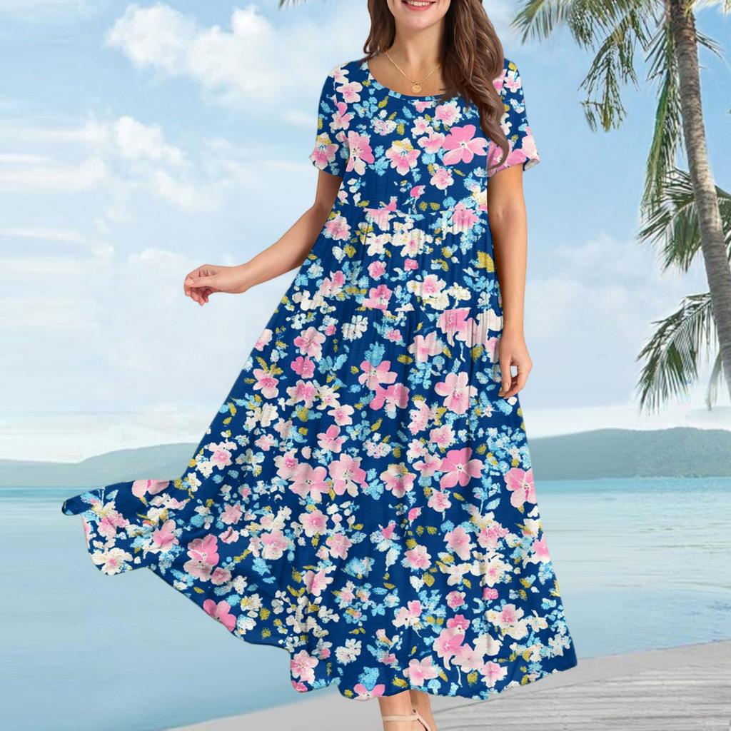 Women's Casual Loose Bohemian Floral Print Short Sleeve Dress