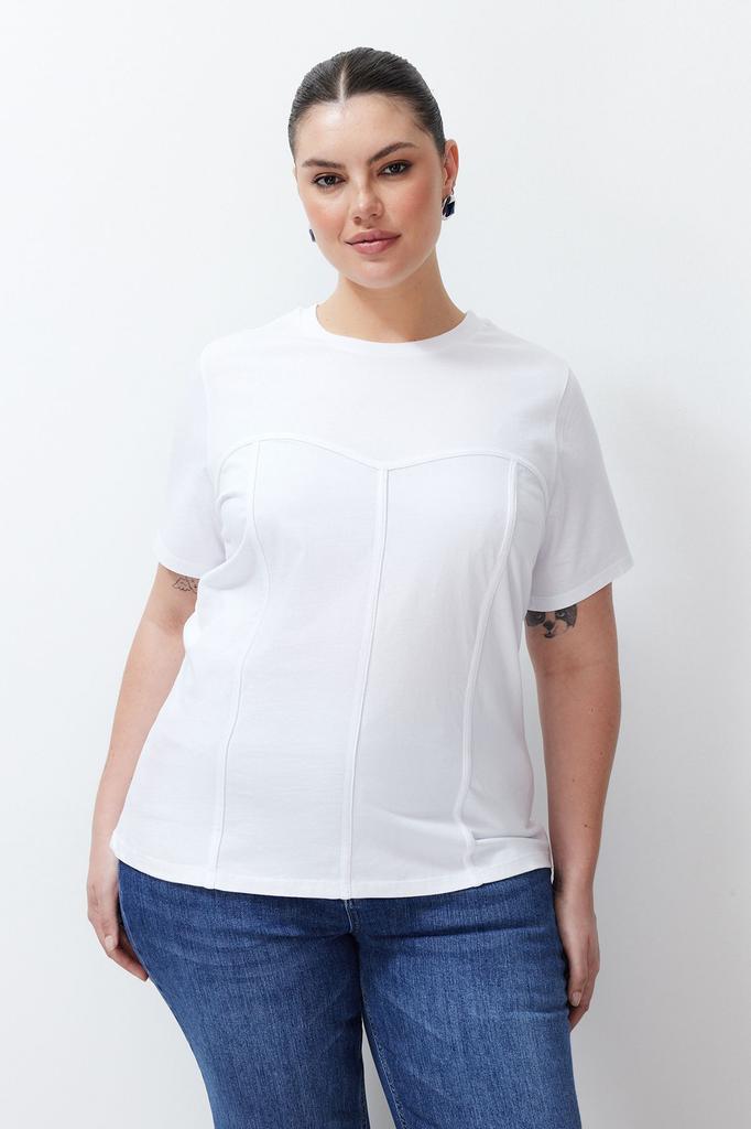 Damen Stil Übergröße Schwarzes Strick-T-Shirt mit Paspeldetails