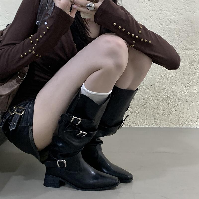 Winter Designer Pointed Toe Women Knee High Boots Fashion Belt Buckle Slip On Shoes Concise Thick Heel Knight Long Booties