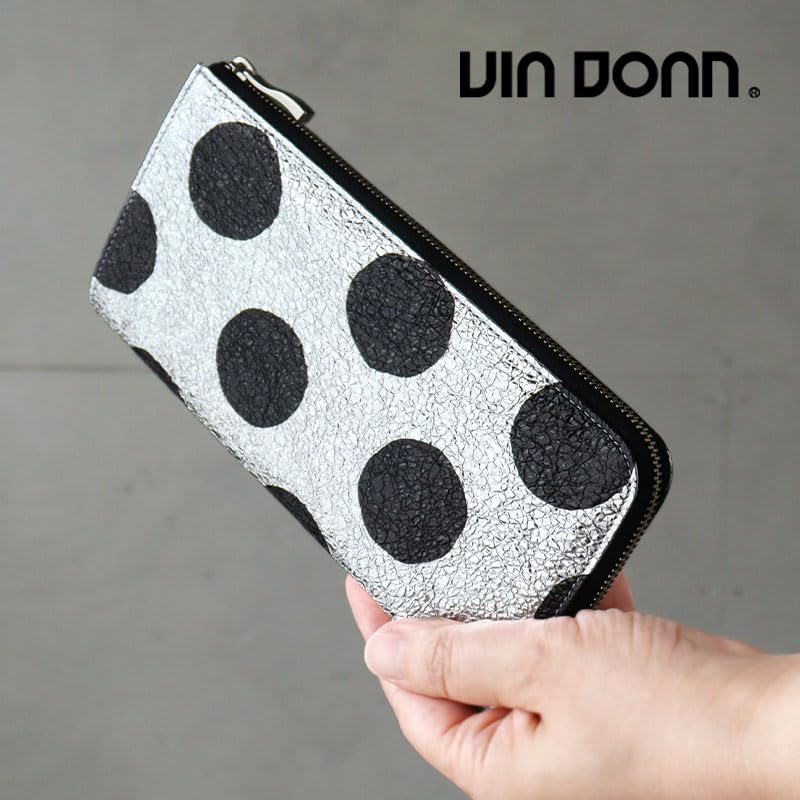 VIA DOAN Women's Slim L-Shaped Zipper Long Wallet, Genuine Leather, Polka Dot Pattern, Made in Japan [No. 561]