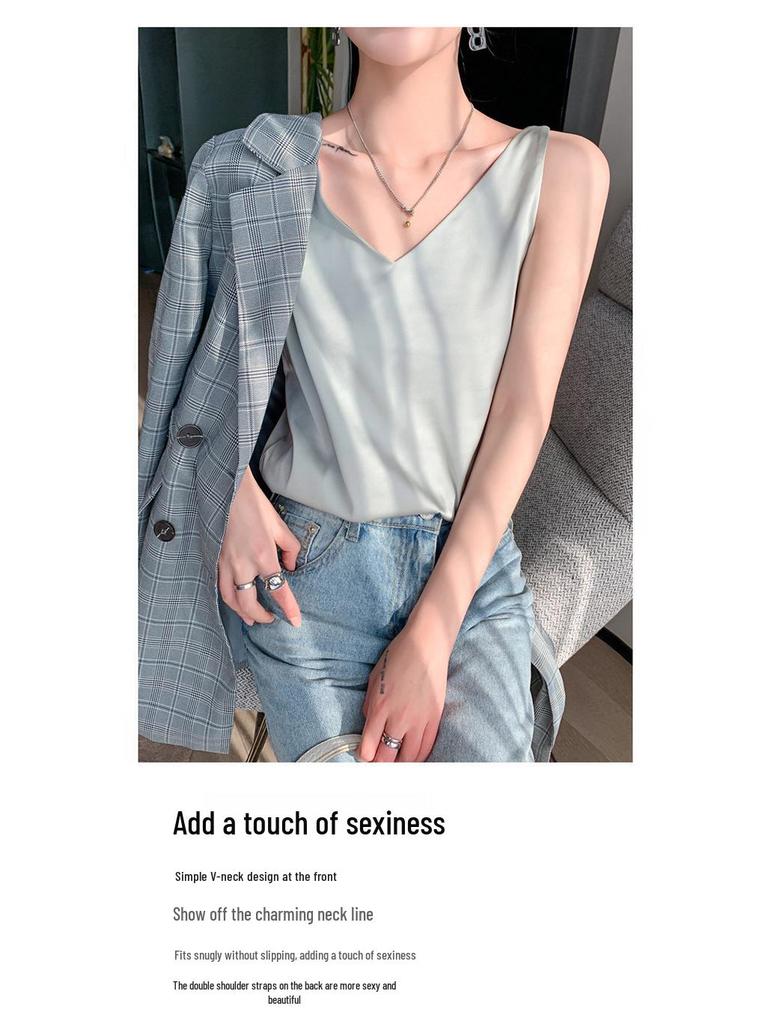 Women's V-Neck Mulberry Silk Camisole - Satin Inner/Outer Wear, Plus Size, Summer Top