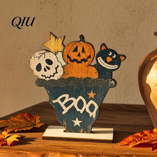 Creative Office Desk Ornaments Cute Halloween Black Cat Pumpkin Skull Decor, Vintage Boo Wooden Retro Home Decor Signs, Tabletop Decoration
