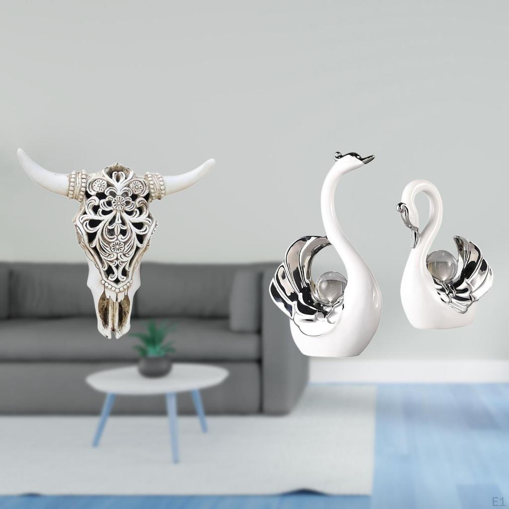 Tribal Bull Head Sculpture And Swan Figurines Wall Hanging Art for Office Farmhouse Bedroom Living