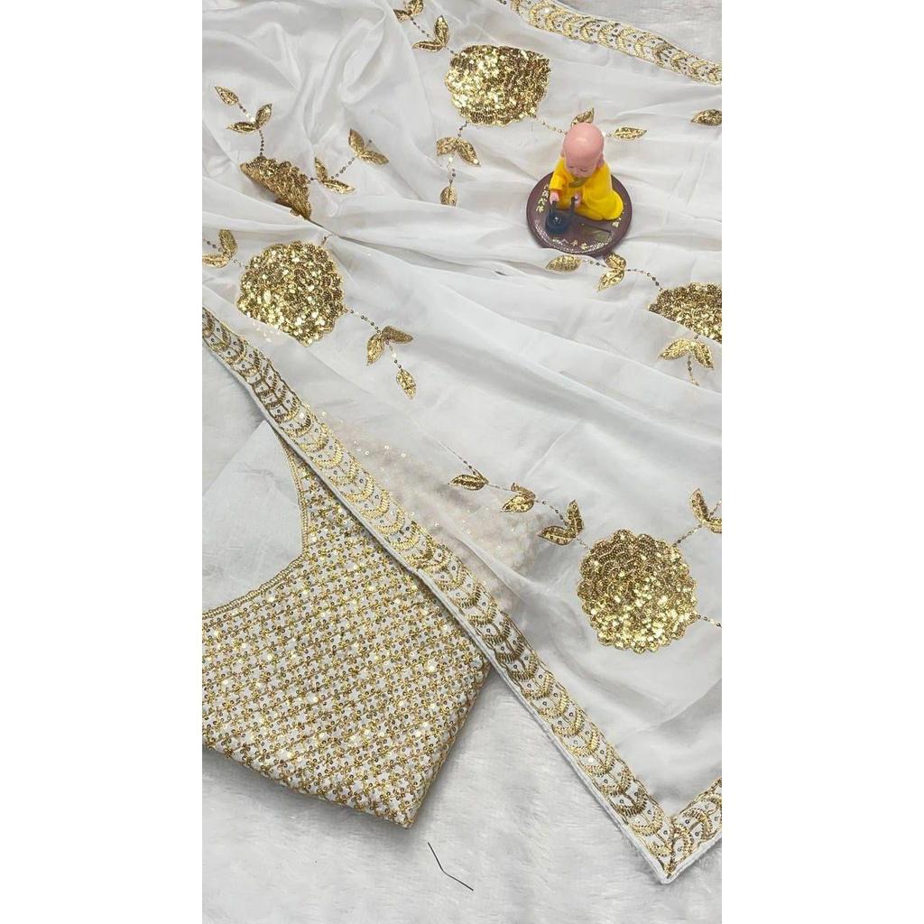 Premium  Georgette Fabrics with 3 Mm Sequence Embroidered Work and Golden Zari Thread Work