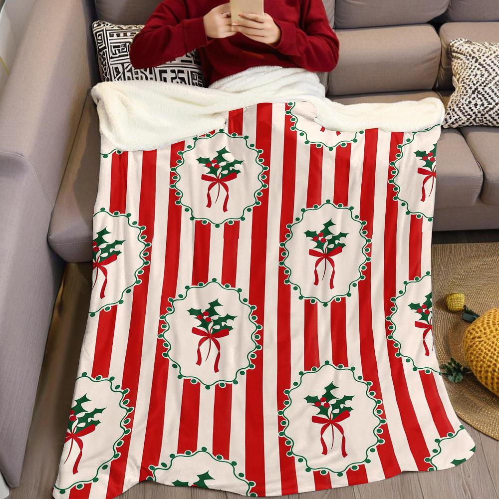 Christmas Holly Red White Stripes Flannel Blanket Warm Soft Halloween Christmas Couch Warm Cozy Decorative Decor for All Season