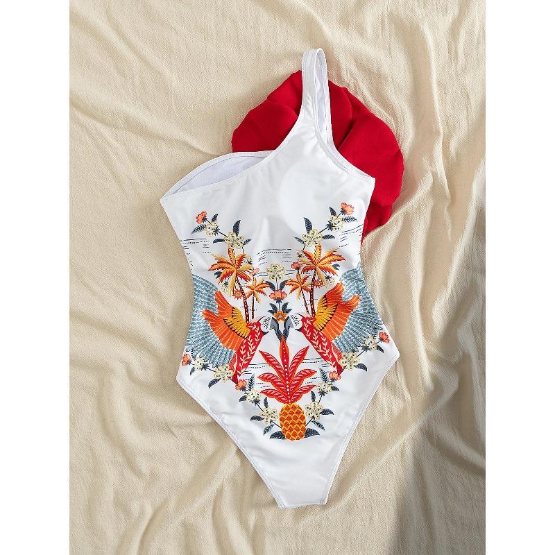 Moda Fiore sulla Spalla Costume da Bagno Intero Sexy Monospalla da Donna Body Stampato Costumi da Bagno Abbigliamento da Spiaggia per Vacanze Femminile