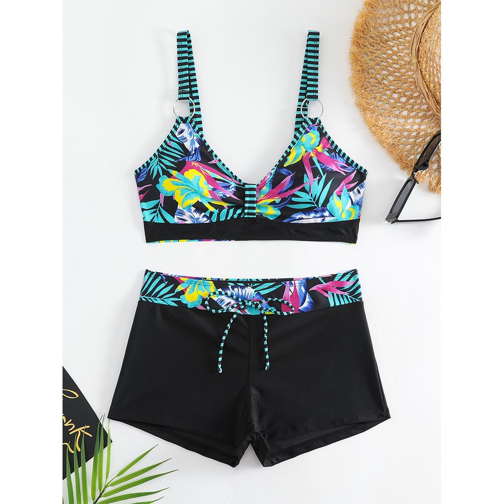 Tankinisett med blomstermønster for kvinner, Elegant 2-delt bikini-badedrakt med justerbare stropper og høy midje, Sommerstrandklær