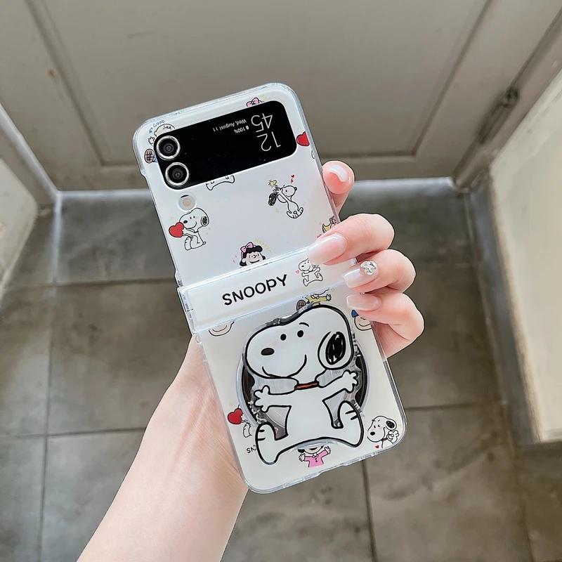 Niedliche Cartoon Snoopy Charlie Brown Magnetischer Halter Kabellose Lade Handyhülle Für Samsung Galaxy Z Flip 6 5 4 3 Harte TPU Hülle