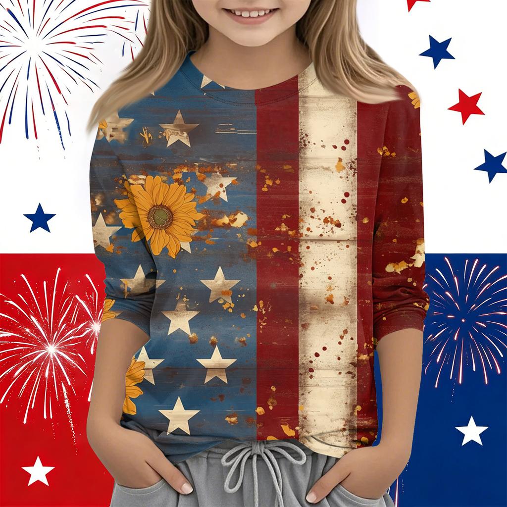 Print Tops For Youth Girls Round Neck 3/4 Sleeves T-Shirts Trendy Tops Outfit Tees Independence Day