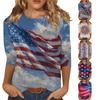 T-shirt Top Décontracté Tendance pour Femme Imprimé Drapeau Américain et Étoiles Fête de l'Indépendance Manches Trois-Quarts Col Rond