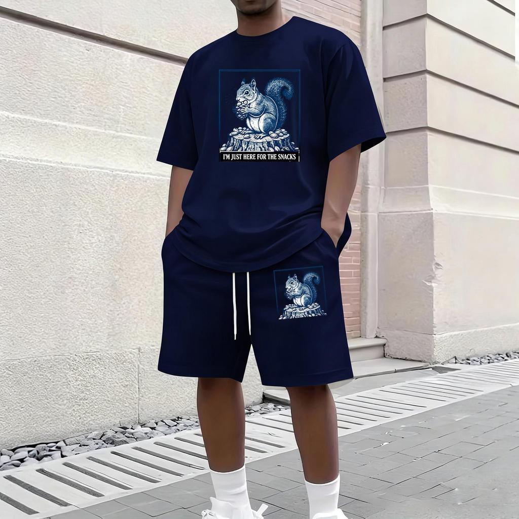 Men Casual Two Piece Set Short Sleeve Crew Neck Top and Shorts with Animal Print Graphic Loose Fit Summer Daily Wear