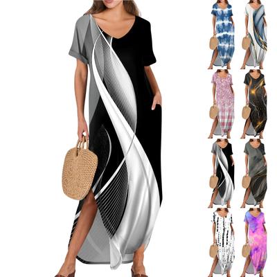 Damen Sommerkleid V-Ausschnitt Kurzarm Strandkleid Maxikleid Lang Kleider Casual Loose Fit Elegant Sommerkleid