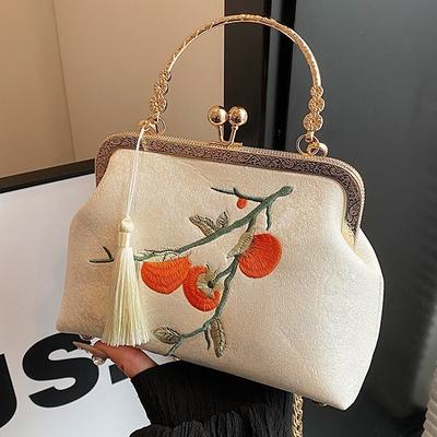 Women's Embroidery Evening Bag With Fringe Top-Handle Clutch Shoulder Chain Purse Embroidered Crossbody Bag Evening Handbag for Wedding Party Prom